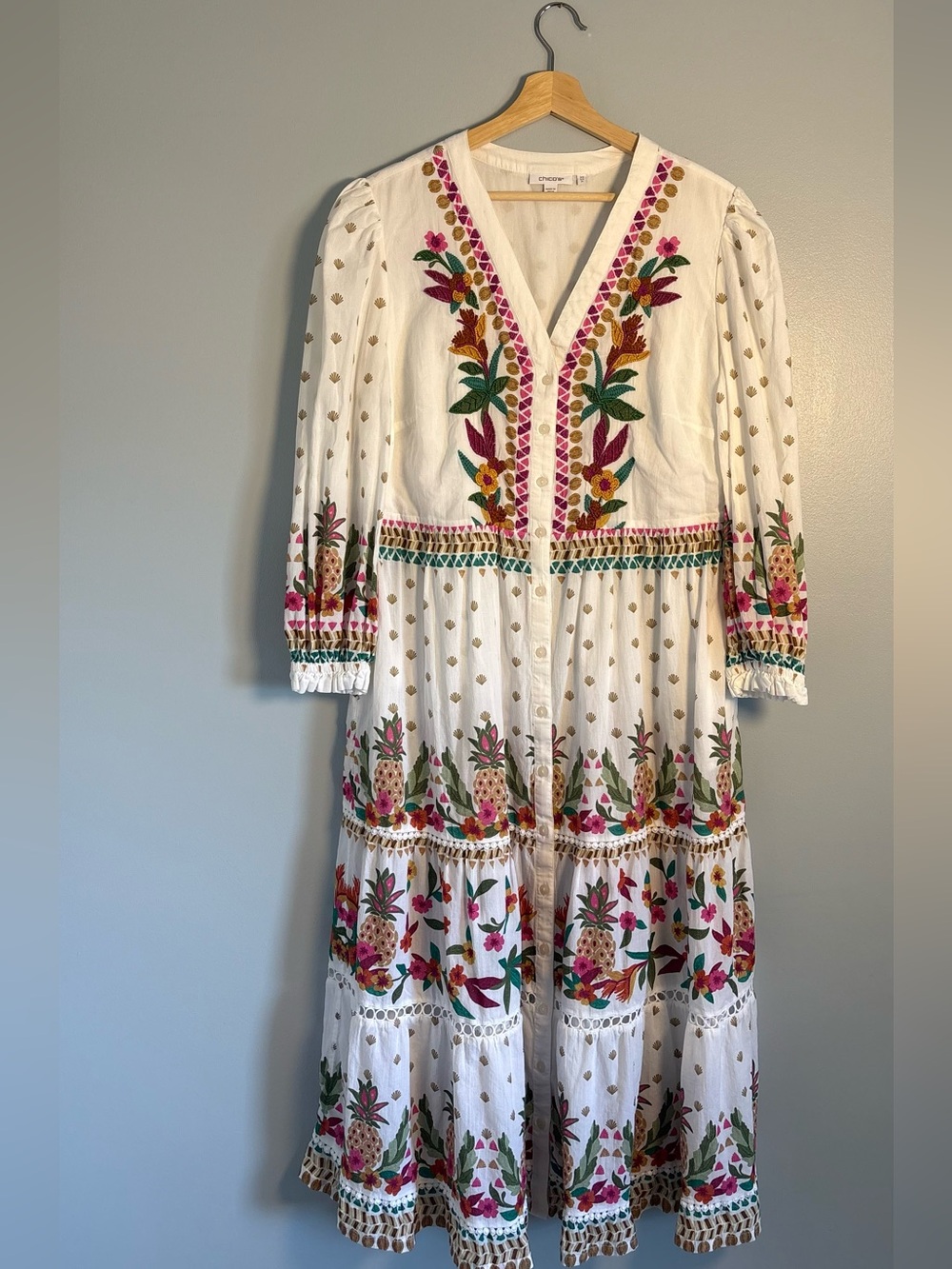 Chico's Embroidered Pineapple Floral Tiered Maxi Dress White US 14 (pockets!)